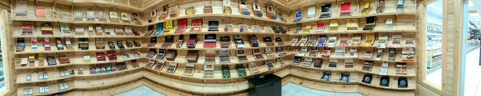 Curved cigar humidor display room at Midwest Smoke Shop on Audrey Street