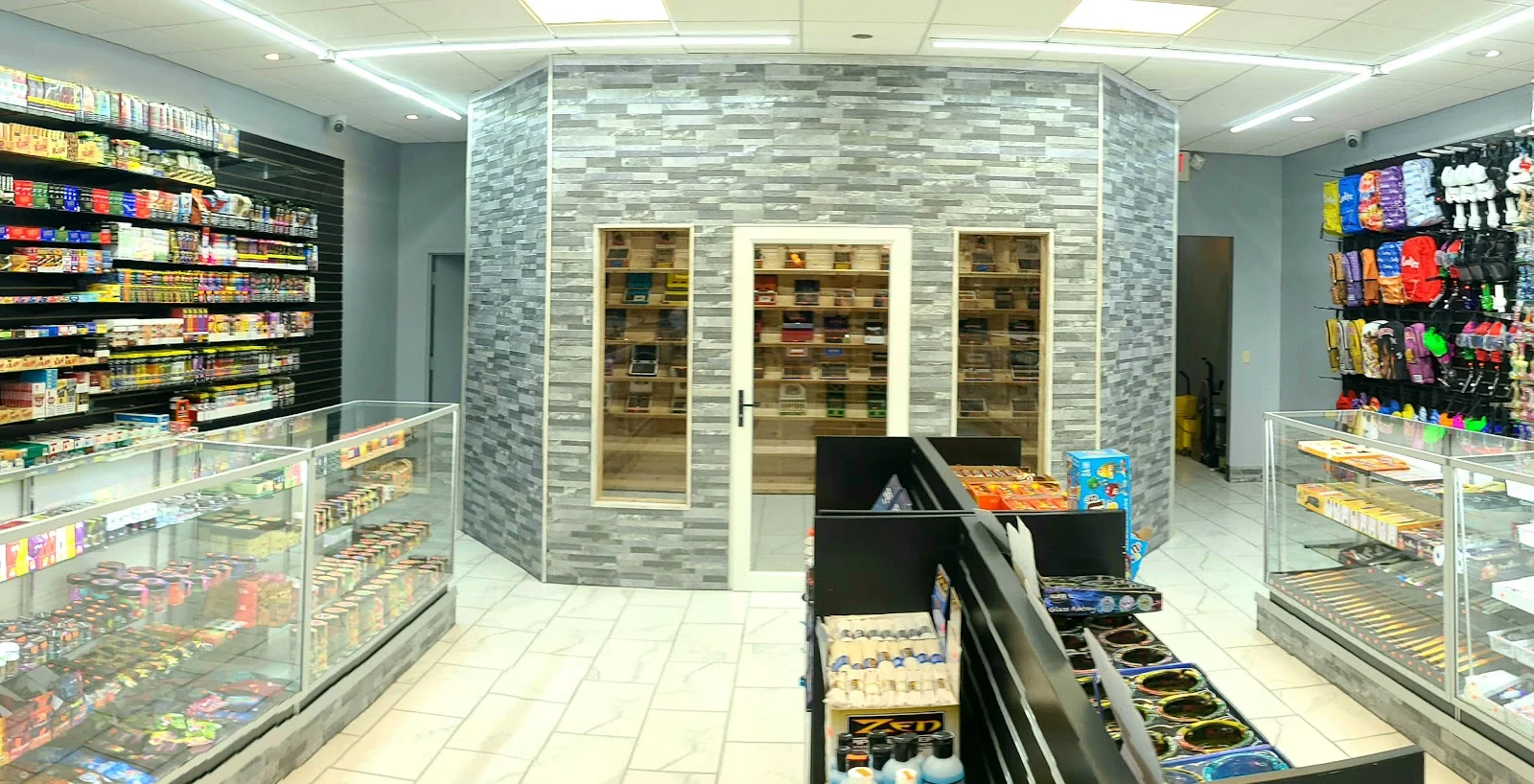 Tobacco and cigarette display wall at Midwest Smoke Shop on Audrey Street