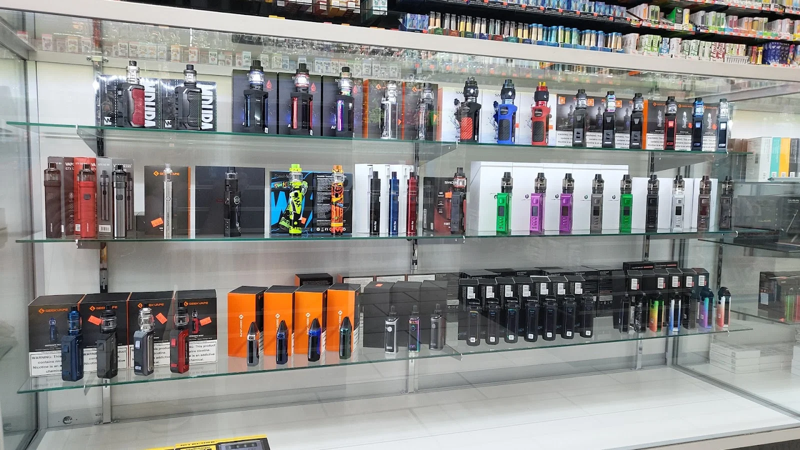 Disposable vape wall at Midwest Smoke Shop on Audrey Street