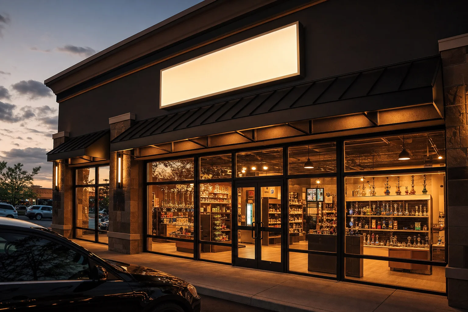 Midwest Smoke Shop storefront on Audrey Street in Omaha, Nebraska at dusk